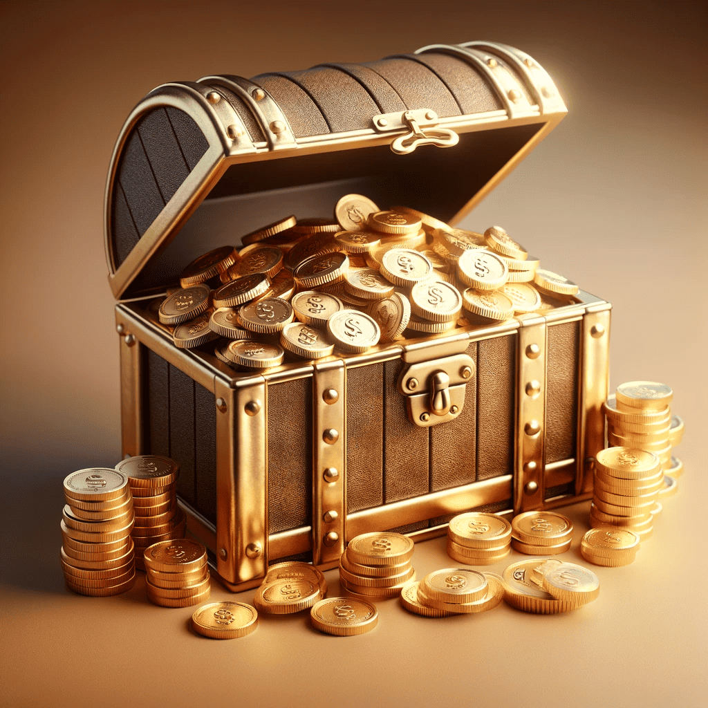 A golden treasure chest overflowing with gold coins and bars