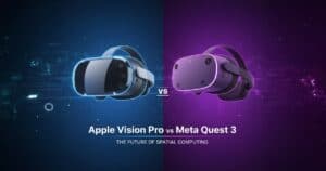 Apple Vision Pro vs Meta Quest 3 mixed reality headset, futuristic banner design with neon blue and purple background.