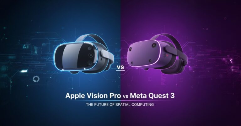 Apple Vision Pro vs Meta Quest 3 mixed reality headset, futuristic banner design with neon blue and purple background.