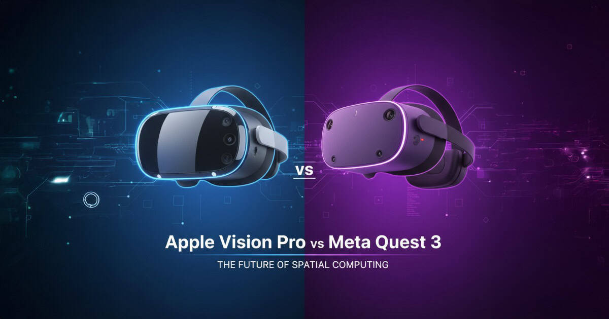 Apple Vision Pro vs Meta Quest 3 mixed reality headset, futuristic banner design with neon blue and purple background.