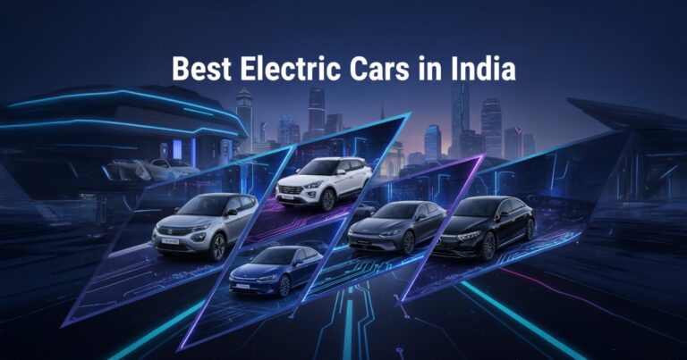 Collage of the best electric cars in India including Tata Nexon EV, Hyundai Creta EV, BYD Seal, Kia EV9, and Mercedes EQS with Indian city skyline and EV charging stations.