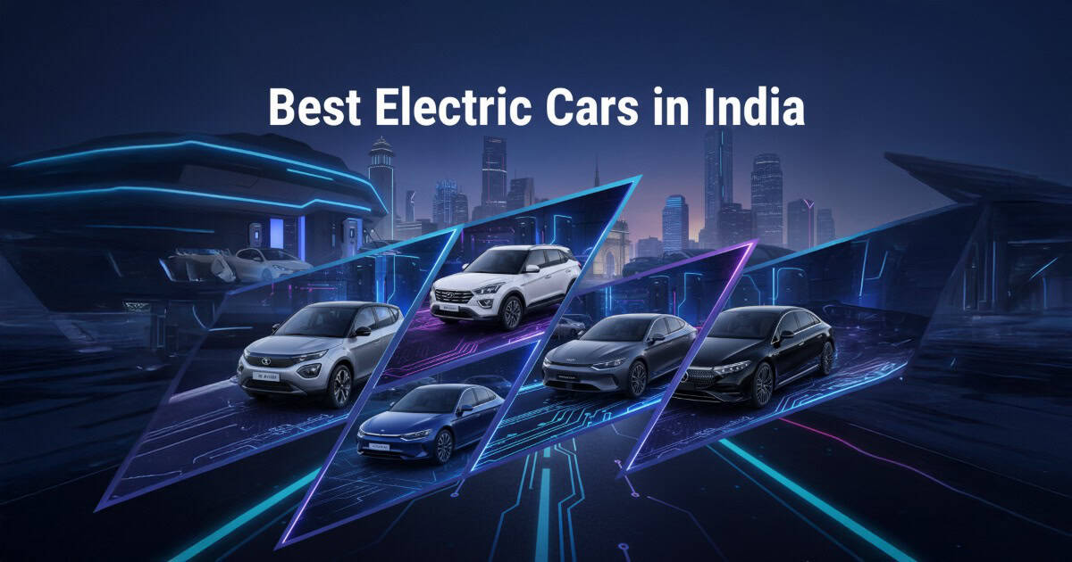 Collage of the best electric cars in India including Tata Nexon EV, Hyundai Creta EV, BYD Seal, Kia EV9, and Mercedes EQS with Indian city skyline and EV charging stations.