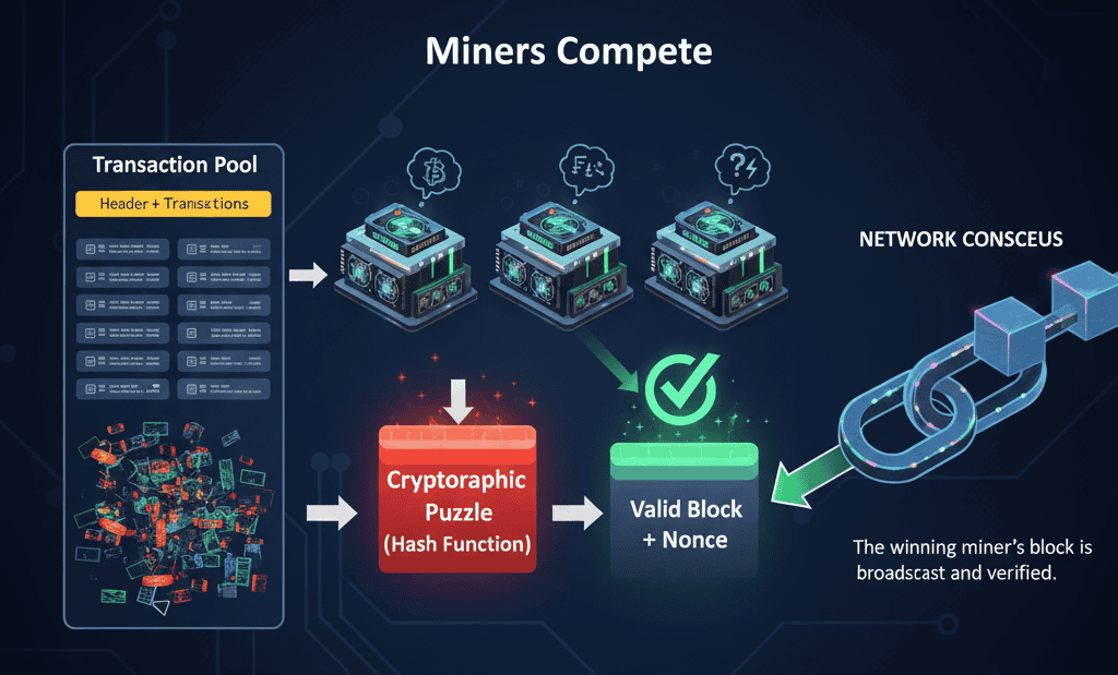 A high-level diagram illustrating the Bitcoin Proof-of-Work (PoW) mining process, showing miners competing to solve a cryptographic puzzle.