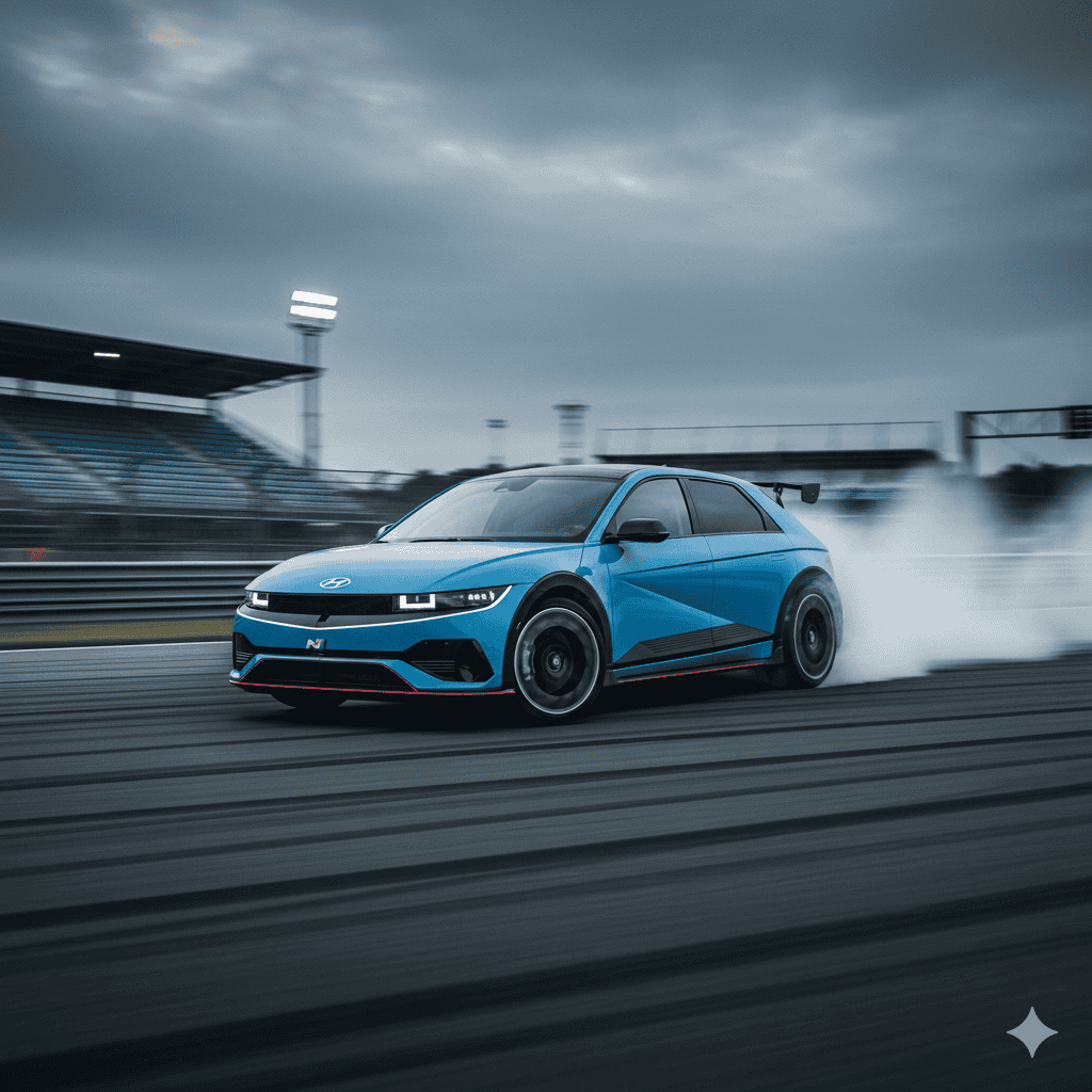 A vibrant blue Hyundai Ioniq 5 N drifts on a racetrack, tires smoking, showcasing its wide stance and aggressive performance