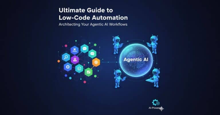 Conceptual image showing a network of diverse data and automation icons connected visually to small, friendly robots interacting with a glowing "Agentic AI" core, representing low-code automation empowering AI workflows for business.