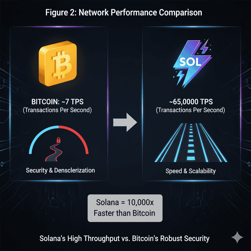 An infographic comparing the transaction speeds (TPS) of Bitcoin and Solana, visually demonstrating the significant difference in throughput.