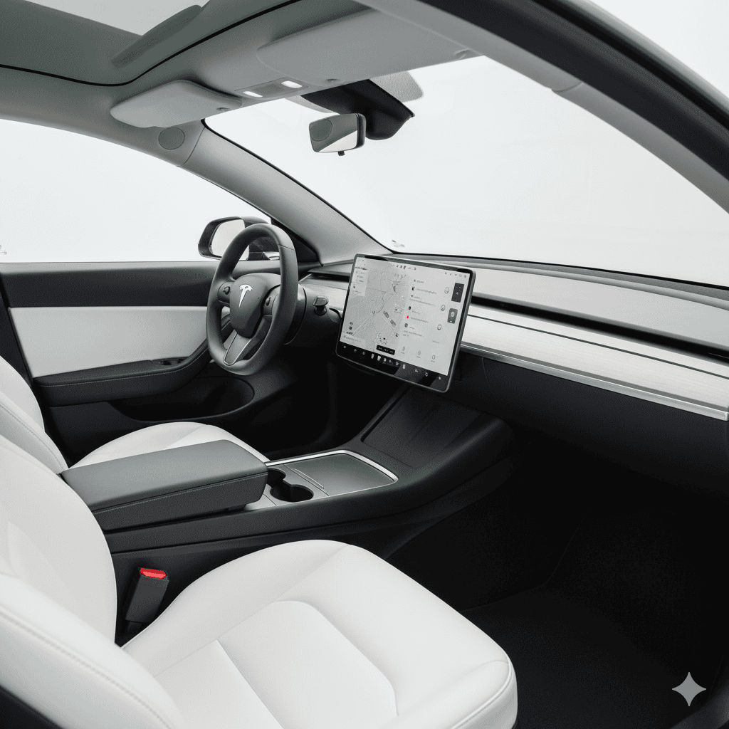 The minimalist interior of the Tesla Model 3 Performance, featuring a large central touchscreen display, a clean dashboard with wood trim, and white synthetic leather seats.