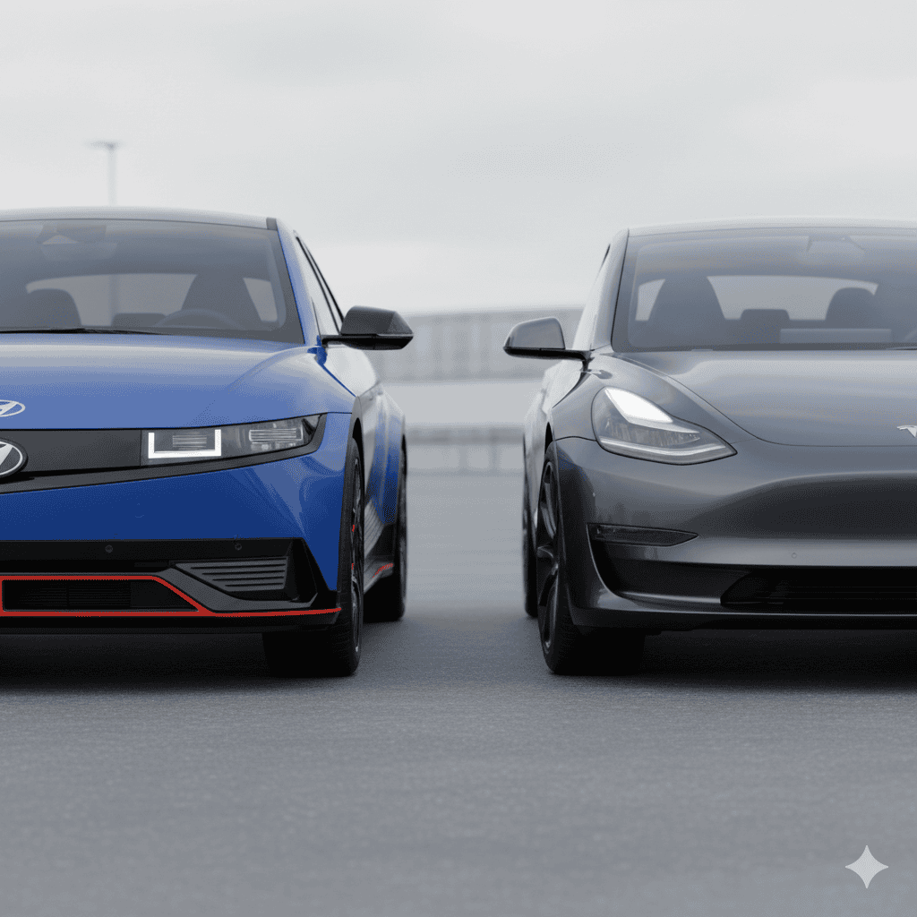 Frontal comparison of the aggressive blue Hyundai Ioniq 5 N with its distinctive DRLs and wide fenders, facing the sleek, dark grey Tesla Model 3 Performance.