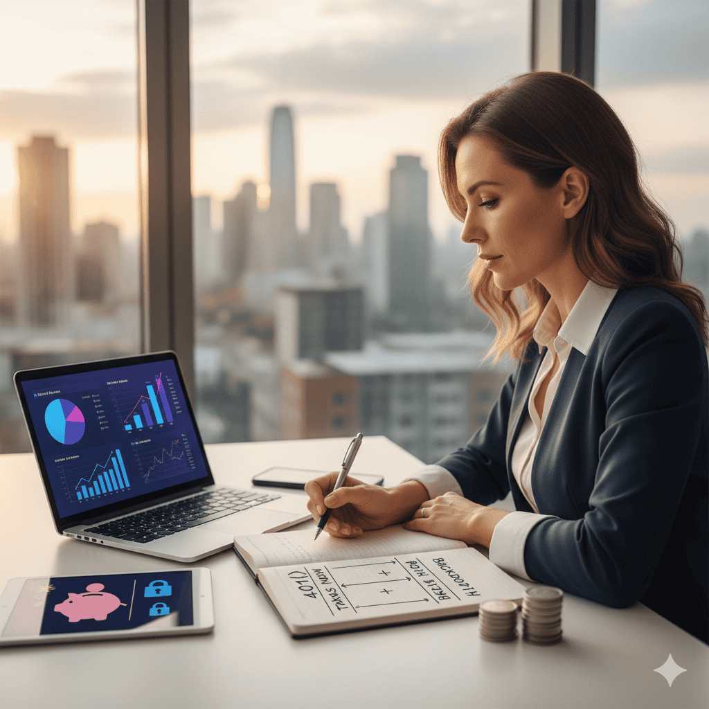 A financial professional analyzes retirement planning strategies, comparing a 401(k) and a Backdoor Roth IRA with notes and data.
