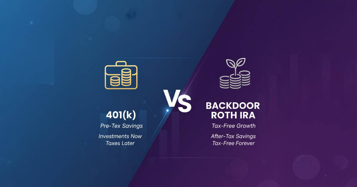 401(k) vs Backdoor Roth IRA: A graphic comparing pre-tax savings with tax-free growth for retirement.