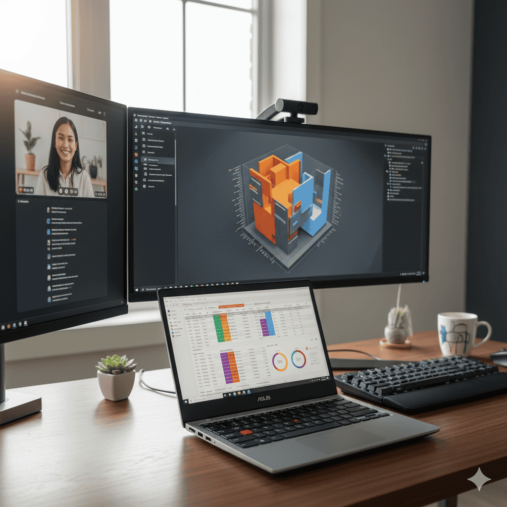 A modern desk setup featuring an Asus ExpertBook laptop connected to two external monitors. One monitor shows a video conference call with a smiling woman, and the other displays 3D architectural modeling software. The laptop screen shows a detailed spreadsheet with charts.