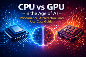 CPU vs GPU comparison showing AI performance, architecture differences, and use cases
