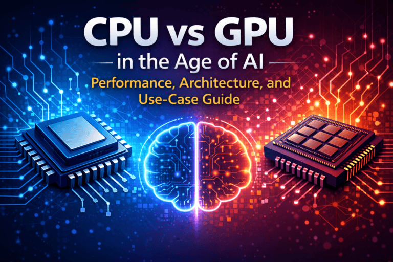 CPU vs GPU comparison showing AI performance, architecture differences, and use cases