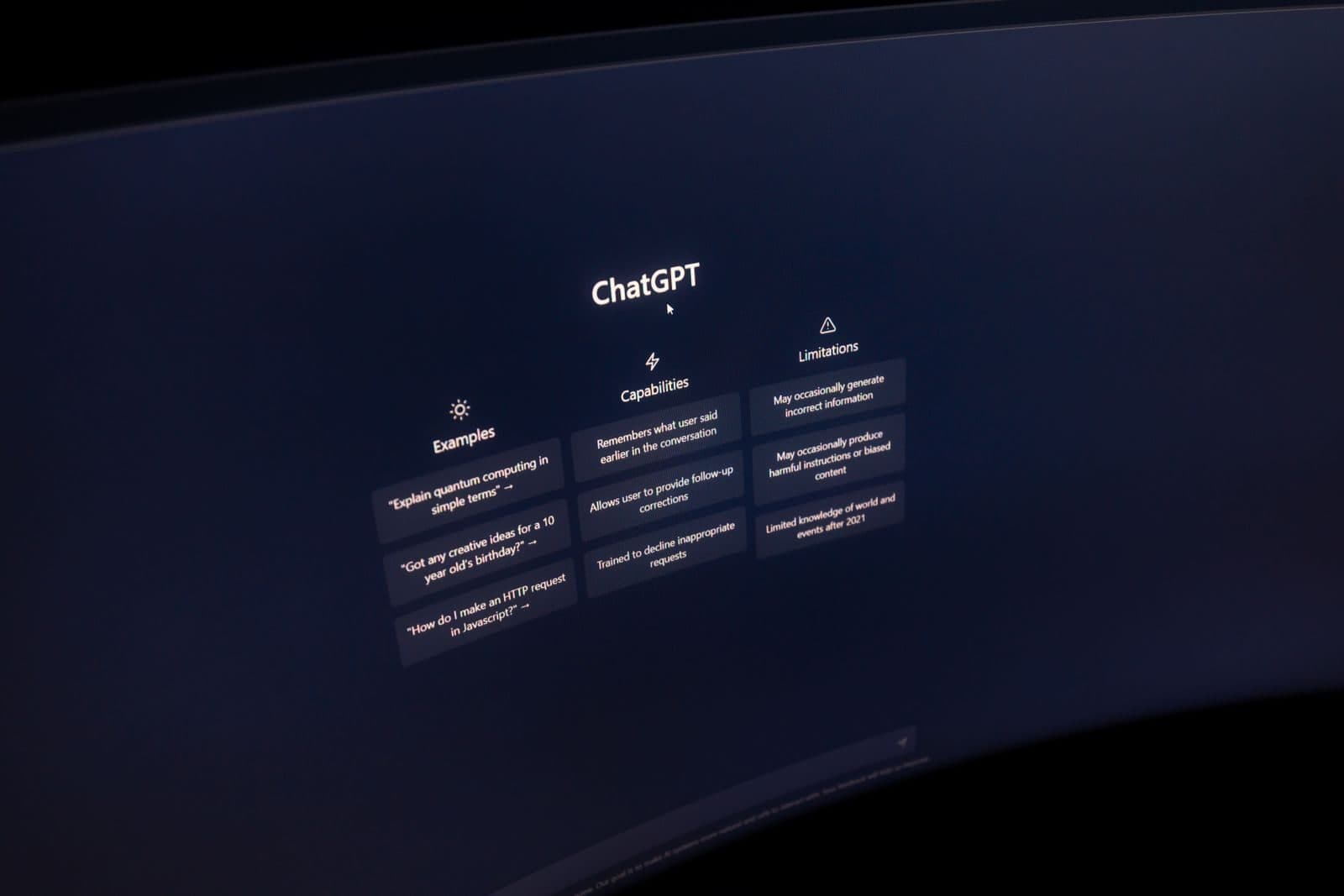 ChatGPT capabilities and limitations displayed on a computer screen.